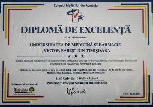 La Gala “CMR - 30 de ani de activitate, Medic pentru România, România Medicală Contează”, care a avut loc, în data de 26 martie 2025, la Palatul Parlamentului- Camera Deputaților, București, Colegiul Medicilor a acordat DIPLOMA DE EXCELENȚĂ Universității de Medicină și Farmacie "Victor Babeș" din Timișoara.